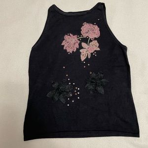 Express silk black tank top embroidered pink flowers and shiny decals (size M)